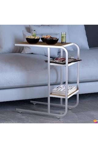 Modilayn C Yan Sehpa Dar Boy Tekerlekli Çalışma, Atıştırmalık, Yemek, Laptop Sehpası Meşe Ceviz