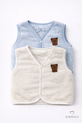 Babyden's 2 Li Welsoft Yelek Seti Erkek Bebek & Çocuk Peluş Yumuşak Kışlık Bebek Yeleği, Çıtçıtlı Ekru - Mavi