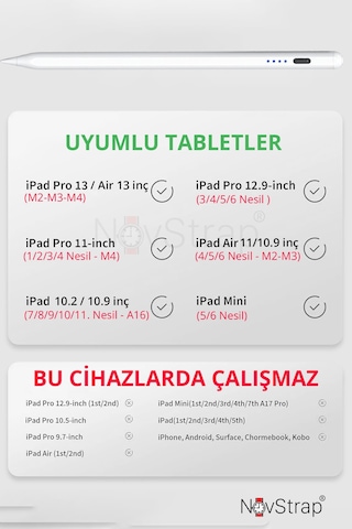 Novstrap Apple Uyumlu iPad  Pro 12.9 İnç 2/3/4/5/6 Nesil İle Dokunmatik Tablet Kalemi Dz900 Gen3 Stylus Pencil Avuç İçi Reddi 2 Adet Yedek Uç