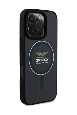 Apple Uyumlu iPhone 16 Pro Max Kılıf Aston Martin Lisanslı Magsafe Renkli Halka Ve Karbon Fiber Kapak Siyah-yeşil