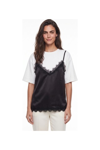 Onloox Kadın Beyaz-siyah Beyaz Siyah Yumuşak Hafif Kumaş Bisiklet Yaka Rahat Kalıp Dantel Saten Katmanlı Görünüm T-shirt