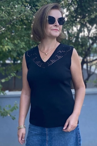 Mia Butik Kadın Lina Siyah Merserize Kolsuz Bluz Siyah