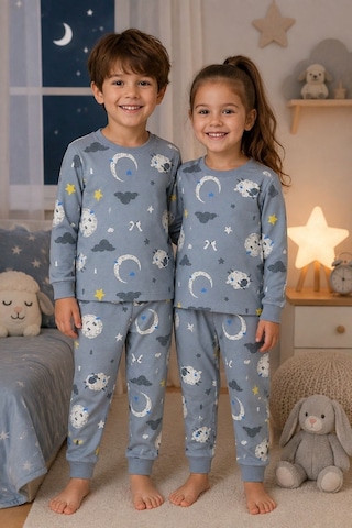 Zuzunga Unisex Mavi Ay Ve Kuzu Desenli Uzun Kollu Pijama Takımı Buz Mavi