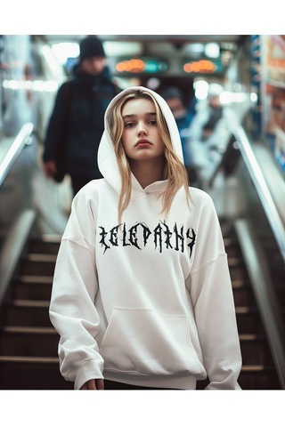 Sevbano Telepathy Baskılı Unisex Oversize Tasarım Hoodie Beyaz