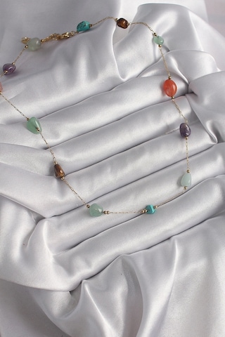 316l Çelik Gold Renk Zincir Renkli Doğaltaş Model Kadın Kolye Çok Renkli