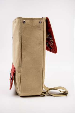 Fabric Craft Bag Sırt Çantası Kumaş Boho Nakışlı Koyu Bej - Bordo
