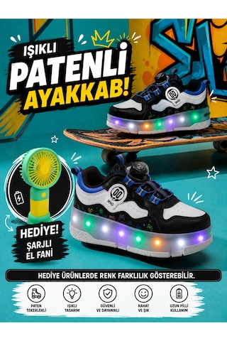 Patenli Işıklı Spor Ayakkabısı & Tekerlekli Sneakers Siyah-sax