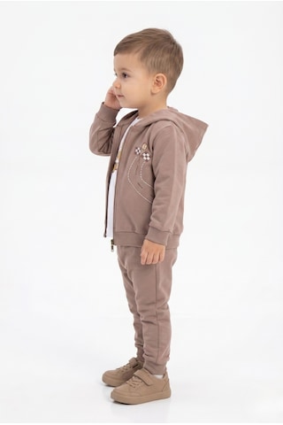Toontoy Kids Toontoy Erkek Çocuk 3'lü Eşofman Takımı Uzun Kollu Bisiklet Yaka Nakışlı T-shirt - Kapüşonlu Fermuarlı Hırka- Beli Paçası Lastikli Eşofman Altı 25044 Koyu Kahverengi