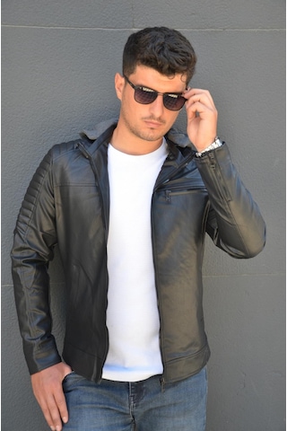 Prifaldi Erkek Kapüşonlu Deri Mont Siyah(554875697)