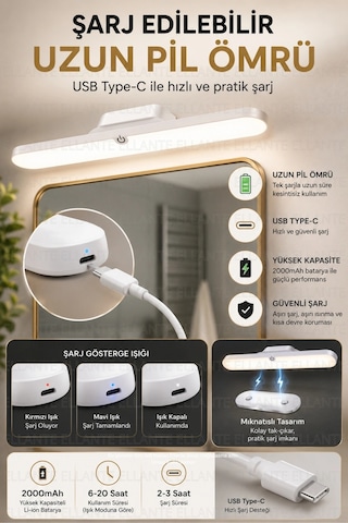 Şarjlı Mıknatıslı Led Ayna Işığı 30 Cm 3 Renk Işık Modu, Dokunmatik Kontrol, Usb Type-c Şarjlı Ban