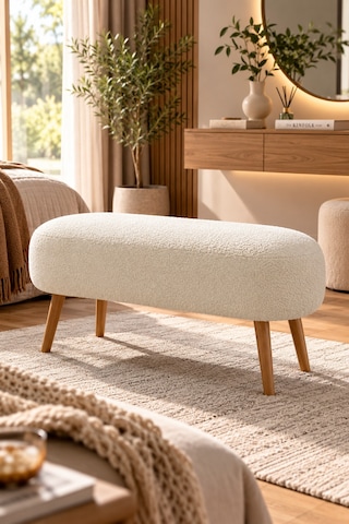 Lona Bukle Kumaş Modern Bench Puf Çok Amaçlı Yatak Ucu Ve Antre Bankı Beyaz