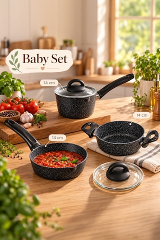 Porsima 4398 4 Parça Kaçerola Sosluk Sütlük Mini Granit Tencere Sahan Seti Siyah 14cm siyah