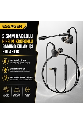 Essager 1.2 Metre 3.5mm Kablolu Hi-fi Mikrofonlu Gaming Kulak İçi Kulaklık 10mm Grafen Sürücü, Gecikmesiz Kulaklık