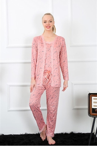 İbrahim Burak Etiler Collection Moda Çizgi Kadın 3'lü Gül Kurusu Sabahlık Pijama Takım 16103