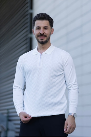 Hk Premium Erkek Triko Kazak Zikzak Desenli Polo Yaka Fermuarlı Slim Fit Beyaz