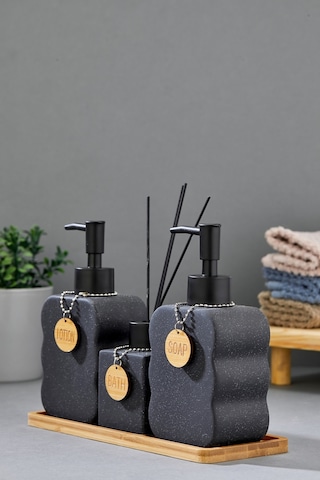 Cooker 3'lü 300 Ml Seramik Bambu Standlı Banyo Seti Ckr3883 Siyah