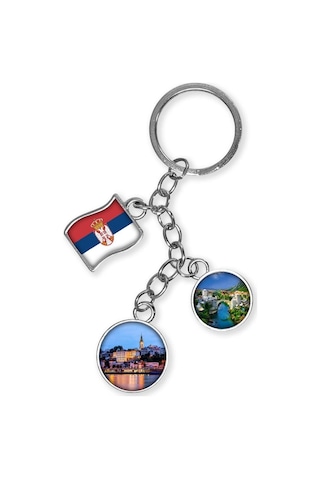 Sırbistan Üçlü Epoksi Metal Çift Taraflı Damla Anahtarlık Serbia Gümüş