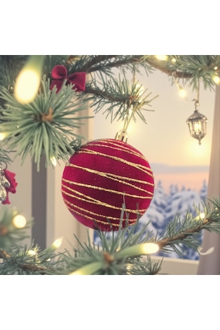Yılbaşı Topu 10cm Kadife Bordo Altın Şeritli 3lü Ast7449 001