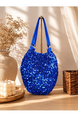 Saks Mavi Pırıltılı Işıltılı Pullu Kadın Çantsı