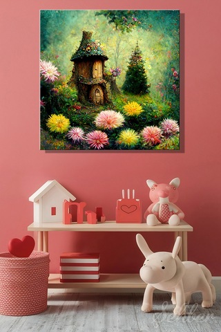 Kare Kanvas Tablo Tekli Ev Kafe Ofis Fairy Tale Little House İn The Forest Ormandaki Masal Evi 2742