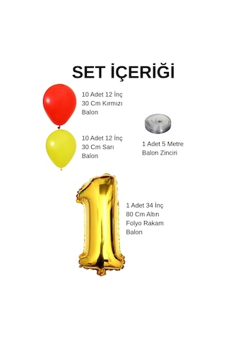 2 Yaş Sarı Kırmızı Taraftar Temalı Doğum Günü Seti Sarı Kırmızı Balonlar Altın Folyo Rakam Sarı
