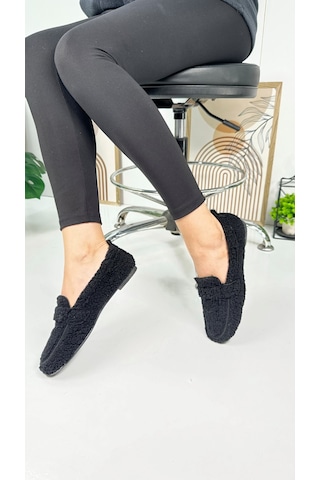 Günlük Kadın Loafer Peluş Astarlı Oval Burunlu Alçak Desenli Tabanlı Ayakkabı 375 Siyah
