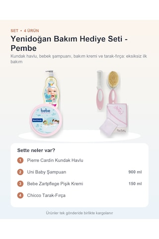 Yenidoğan Bakım Hediye Seti 4 Parça: Kundak Havlu + Şampuan + Pişik Kremi + Tarak-fırça - Pembe