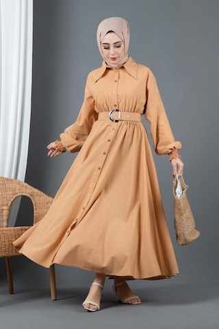 Sevitli Kemer Detaylı Elinna Elbise-camel-1568-camel Camel