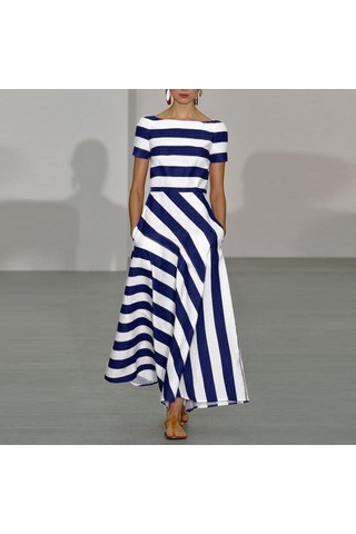 Vonda Kadın Yaz Yuvarlak Yaka Raglan Kısa Kollu Cep Çizgili Bol Uzun Elbise Koyu Mavi