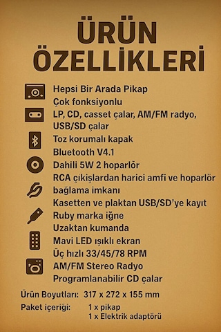 Kn-110 Vintage Plak Cd Kaset Usb Bluetooth Tf Aux Özelikli Pikap Kahverengi