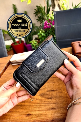 Lavinia Siyah Vegan Deri Kadın Cüzdan Fermuarlı Ve Mıknatıslı 16x9 Cm Siyah