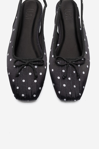 Luvi Shoes Zelvıa Siyah Beyaz Puantiyeli Fiyonklu Arkası Açık Kadın Babet Ayakkabı