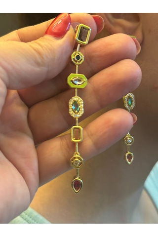 Renkli Taşlı Çelik Kadın Küpe 8 Cm Renkli