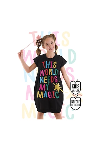 Denokids Magical Kız Çocuk Siyah Eteği Lastikli Yazlık Elbise