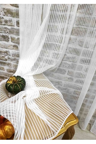 Evdepo Home Kalın Çizgili Tül Perde Ekru