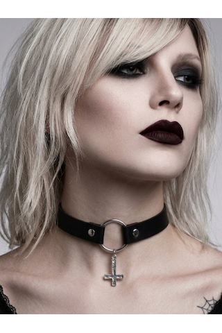 Mor Haç Detaylı Choker Kolye Kadın Gotik Boyunluk Kolye Punk Alternatif Moda Aksesuarı Ayarlanabilir Yaka Kolyesi Gri