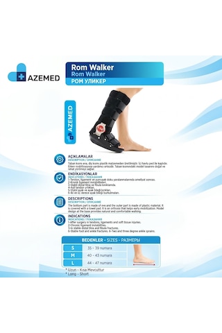 Azemed Rom Walkwer Uzun Ayak Bileği Dorsi Ve Plantar Fleksiyon Derecesi Ayarlanabilen Siyah