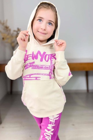 Riccotarz Kız Çocuk Üzeri New York Yazı Detaylı Bilekleri Manşetli Sweatshirt Mor Eşofman Takım Mor