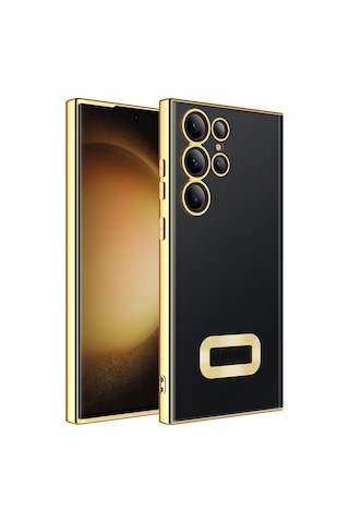 Samsung Galaxy Uyumlu S23 Ultra Yanları Renkli Lens Korumalı Logo Gösteren Luxury Silikon Kapak - Siyah