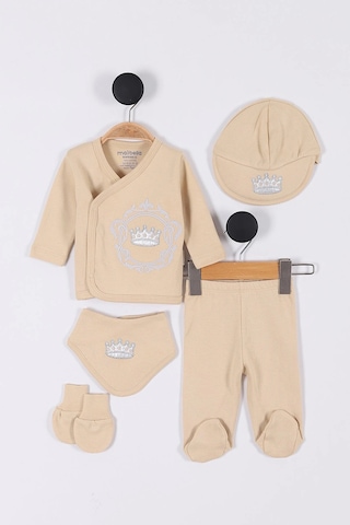Nakış Desenli Müslin Erkek Bebek Hastane Çıkışı Bebek Kıyafetleri Yenidoğan Hastane Çıkış Seti 5 Li Bej