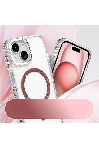 Apple iPhone Uyumlu 15 Kılıf Magsafe Şarj Özellikli Taşlı Lüx Tasarım Tera Silikon Kapak Mürdüm