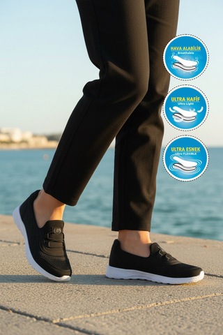 Walkway Siyah Beyaz Fileli Hafif Esnek Kolay Giyilebilir Kadın Casual Ayakkabı 575 G Siyah-beyaz