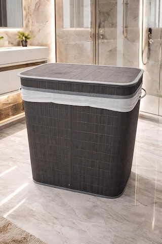 Lüks Bambu 3 Bölmeli Çamaşır Kirli Sepeti 52x32x60cm Büyük Boy 100 Lt Antrasit Diğer