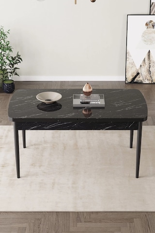 Zümra Serisi, 80x132 Açılabilir Siyah Mermer Desen Mdf Mutfak Masası, Yemek Masası