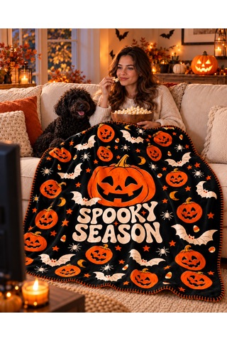 Halloween Spooky Season %100 Polar Tv Battaniyesi 130x170cm Büyük Boy Çok Renkli