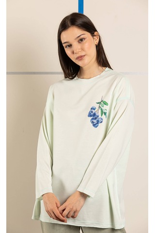 Ters Dikiş Detaylı Yaban Mersini Desenli Sweatshirt Yeşil
