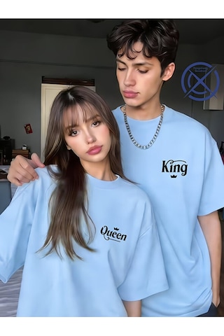 Nevermind King Queen Sevgili Tişört Kombini Unisex Çift Tişört Seti %100 Pa Mavi