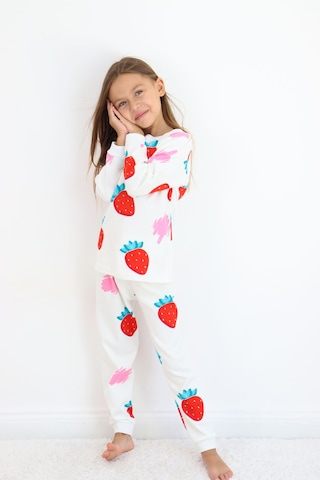 Kız Çocuk Orta Kalınlıkta Basic Baskılı Pijama Takımı Beyaz