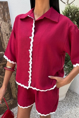 Kadın Mürdüm Keten Biye Detaylı Kısa Kollu Takım Mürdüm