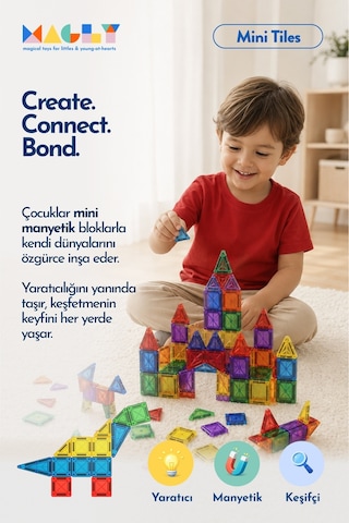 Magly Mini Tiles - Seyahat Boy Manyetik Yapı Blokları - Çocuklar İçin Metal Kutulu 32 Parça Mini Manyetik Oyun Seti